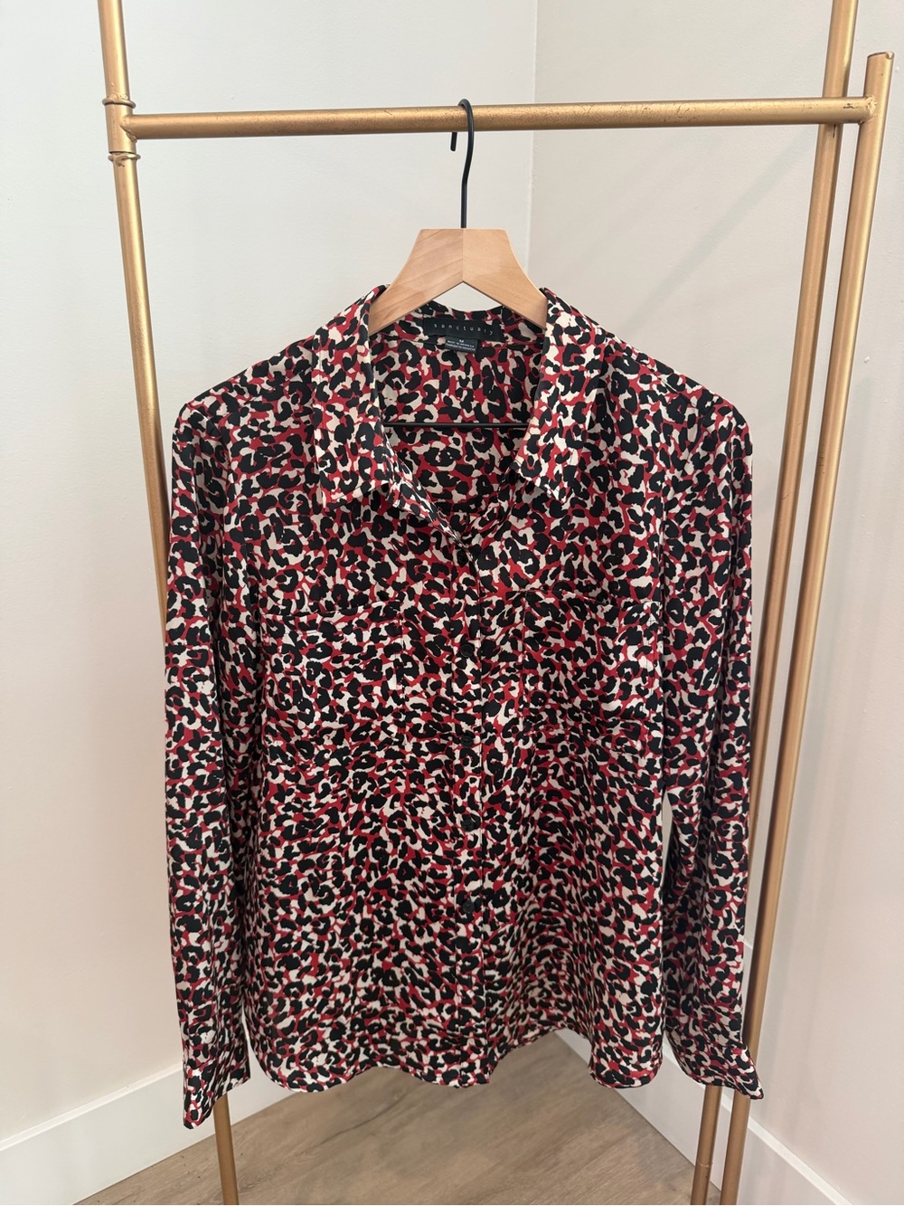 Sanctuary Leopard Print Long-Sleeve Button-Up Shirt Blouse- Red Black White